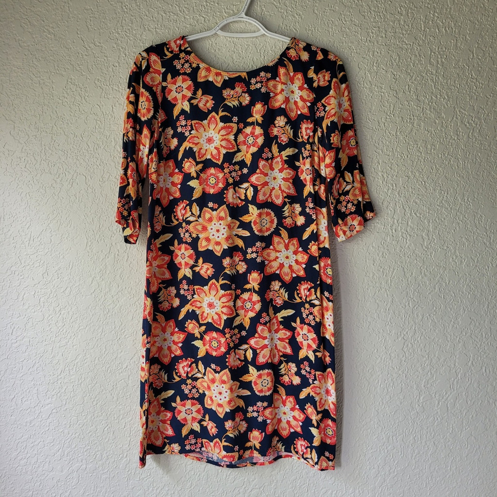 J. Jill Women’s Scoop Neck Navy orange Floral Printed 3/4 Sleeve Dress Size 4